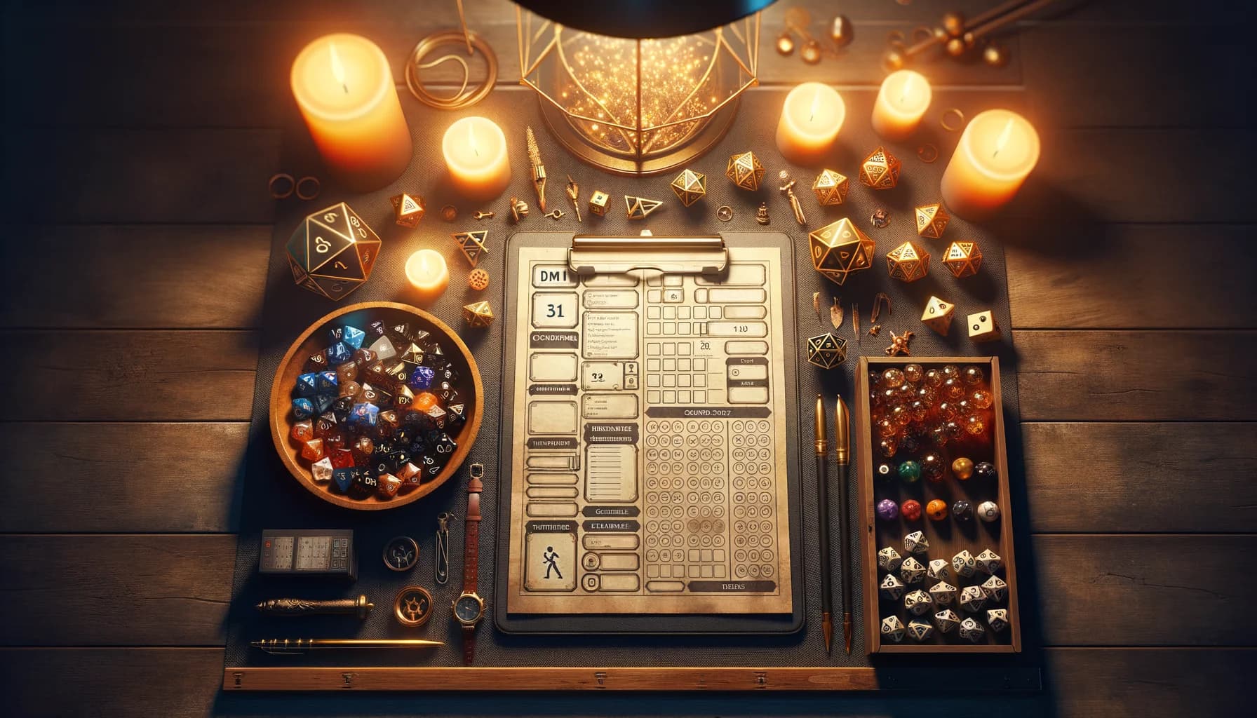 Écran de MJ avec accessoires de jeu de rôle disposés sur une table