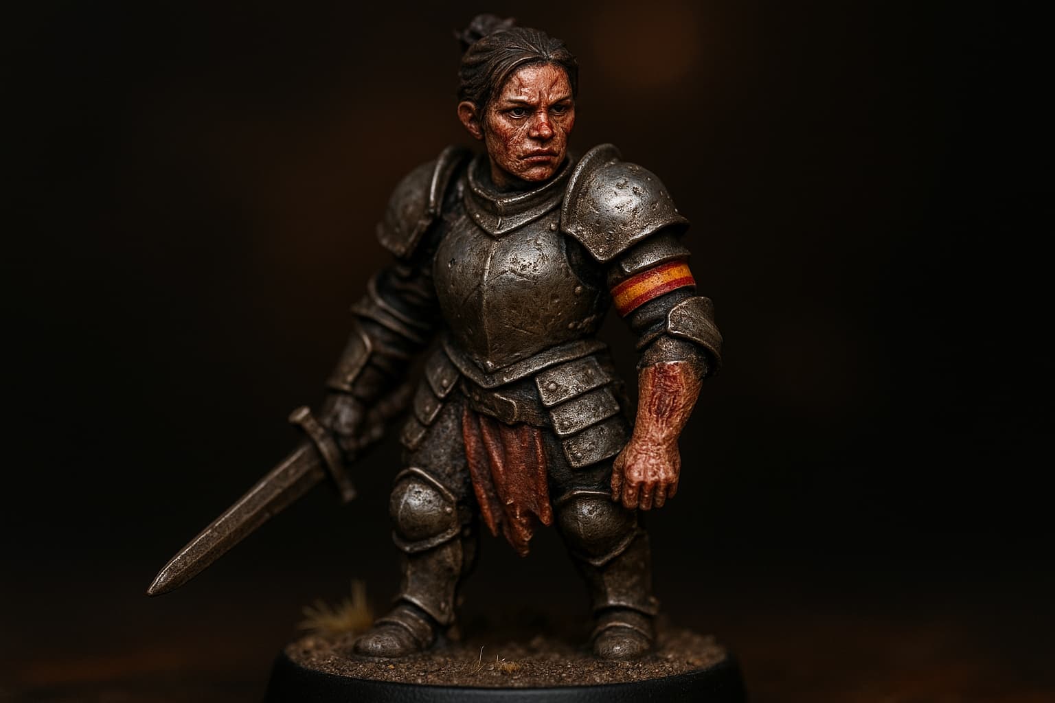 Figurine de guerrière en armure cabossée portant un brassard de garnison