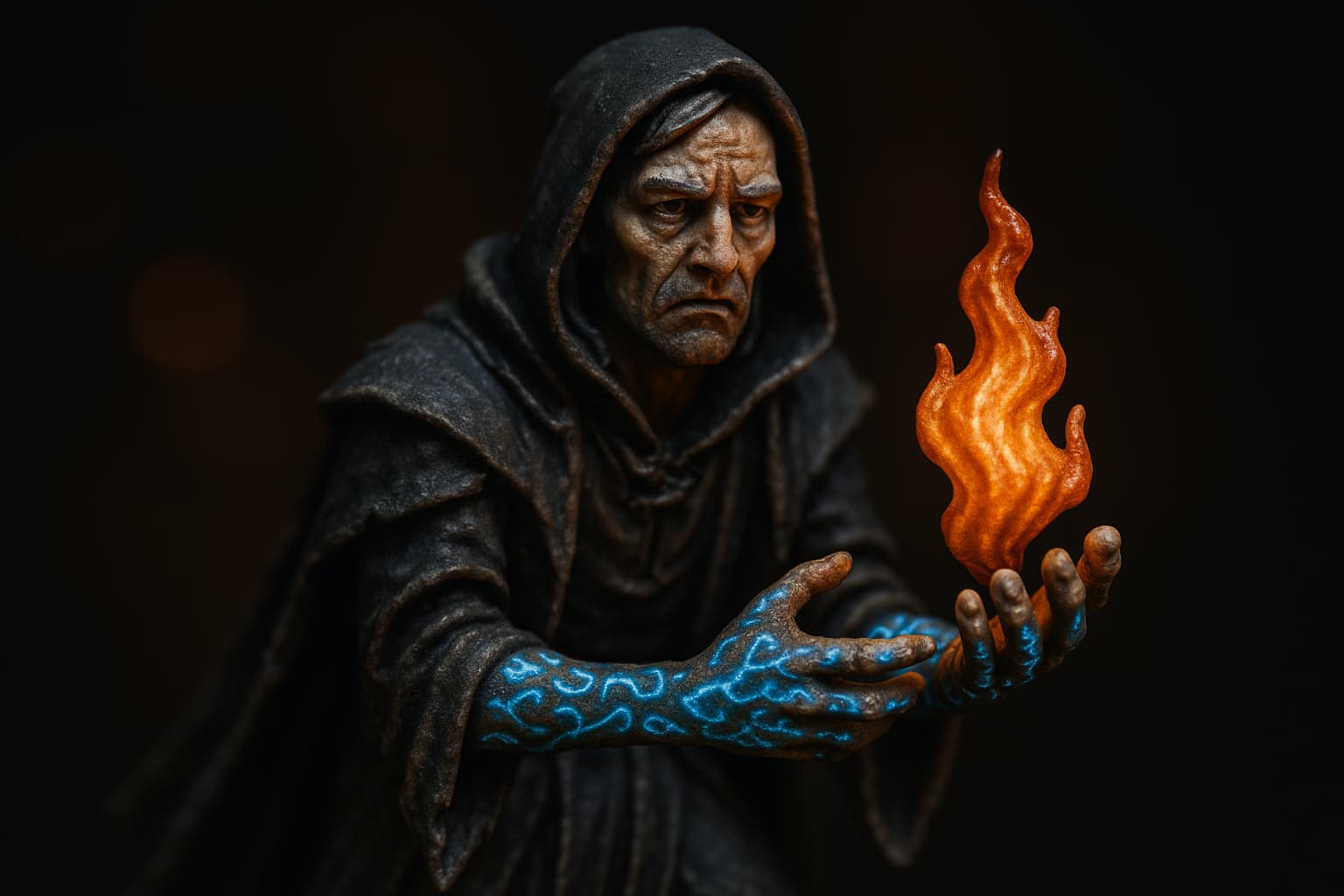 Figurine de warlock aux tatouages occultes luminescents