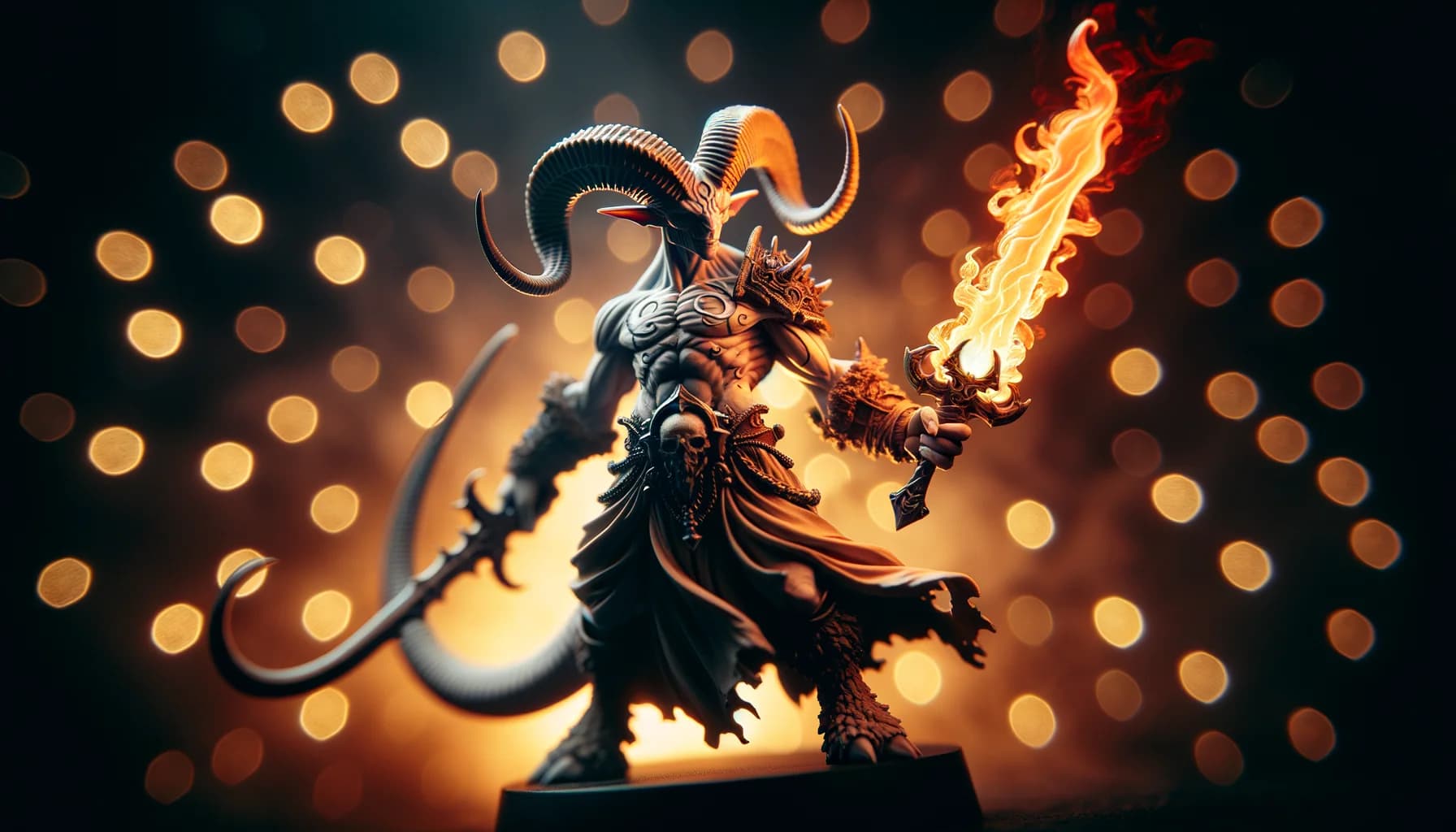 Figurine personnalisée d'un guerrier tiefelin tenant une épée enflammée