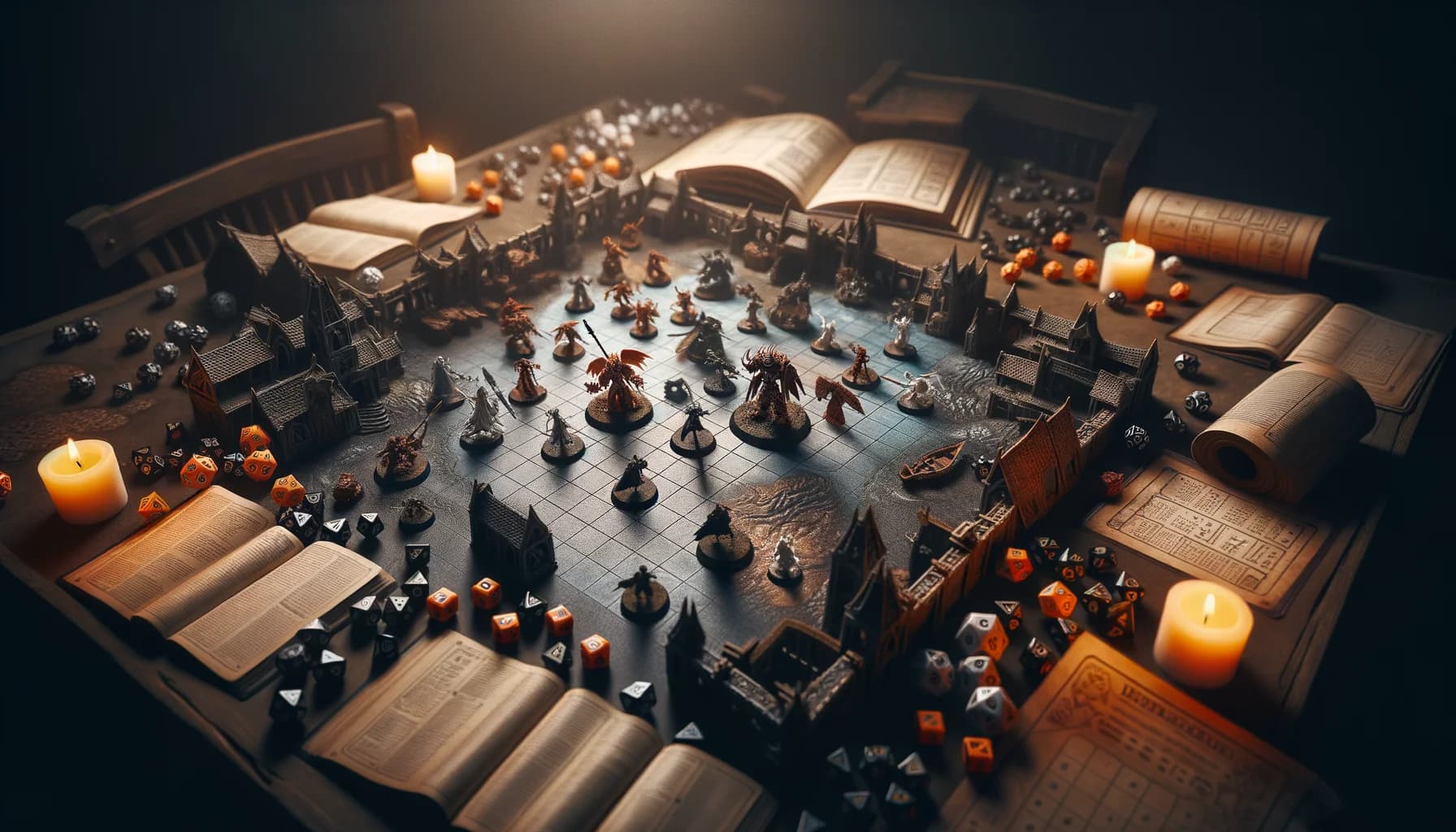 Table de jeu de rôle avec figurines, carte et ambiance tamisée