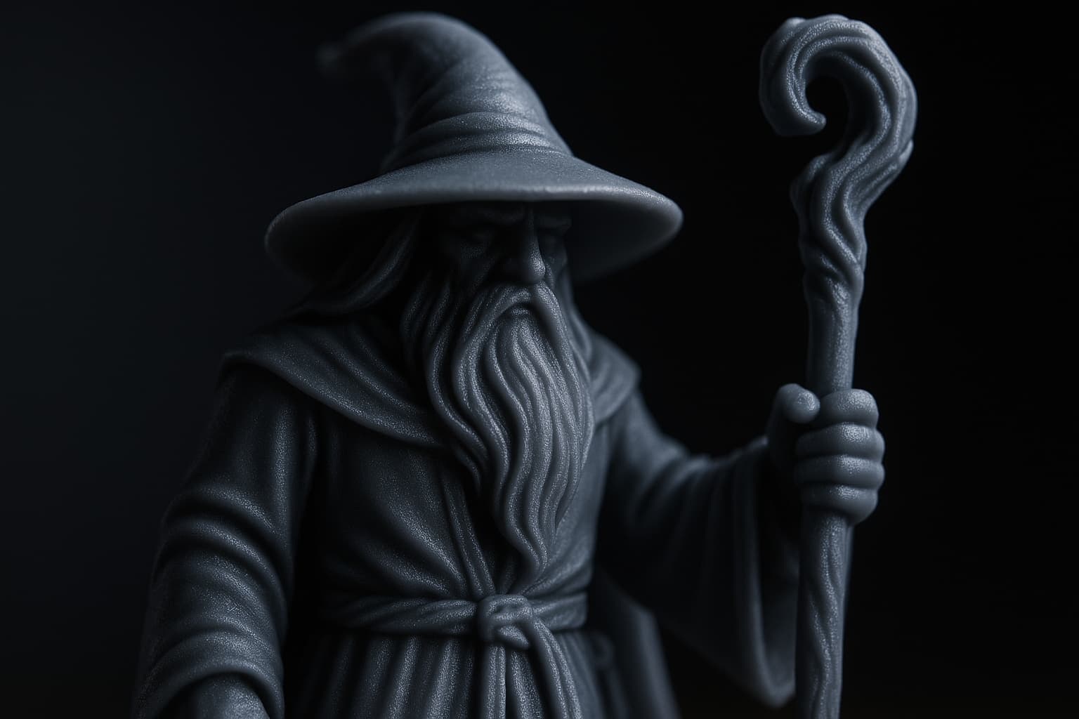 Gros plan sur les détails d'une figurine de mage imprimée en résine