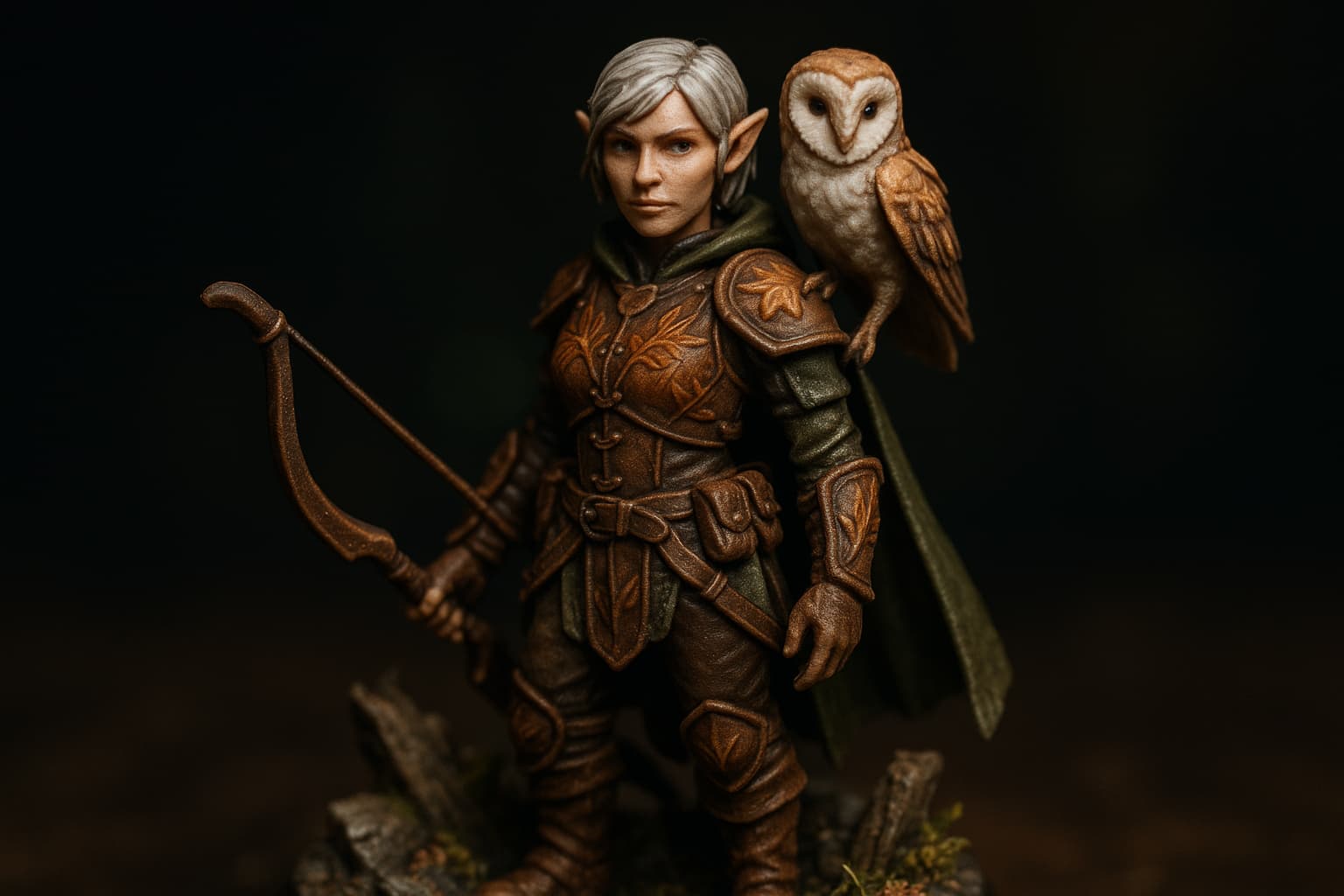 Figurine résine d'une ranger demi-elfe avec un hibou sur l'épaule