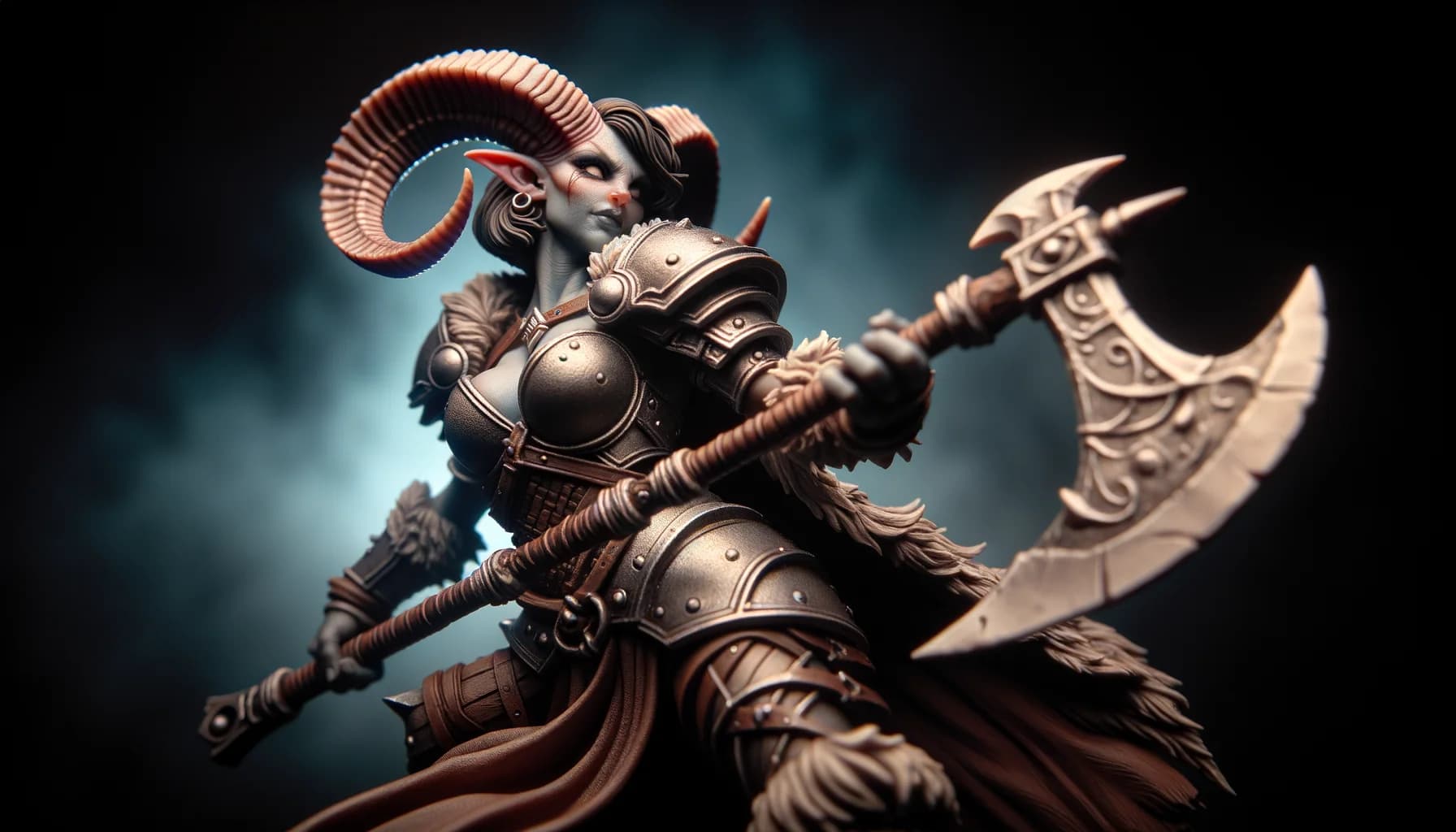 Figurine de guerrière tieffeline avec hache à deux mains