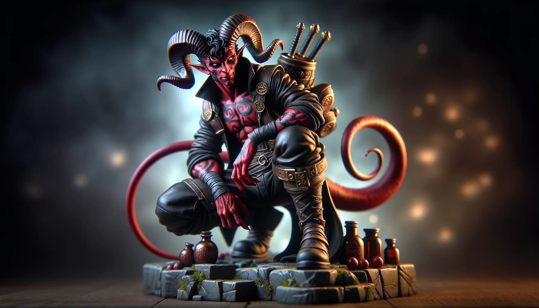 Figurine de tieflin roublard accroupi sur un muret