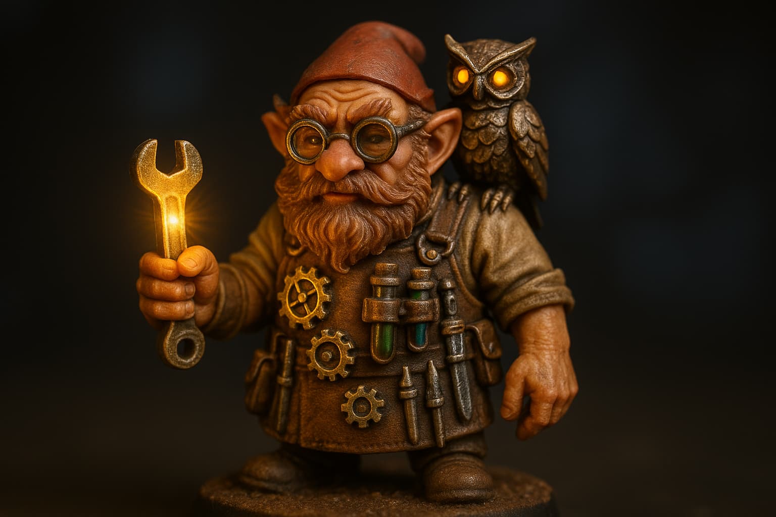Figurine d'artificier gnome avec familier mécanique sur l'épaule