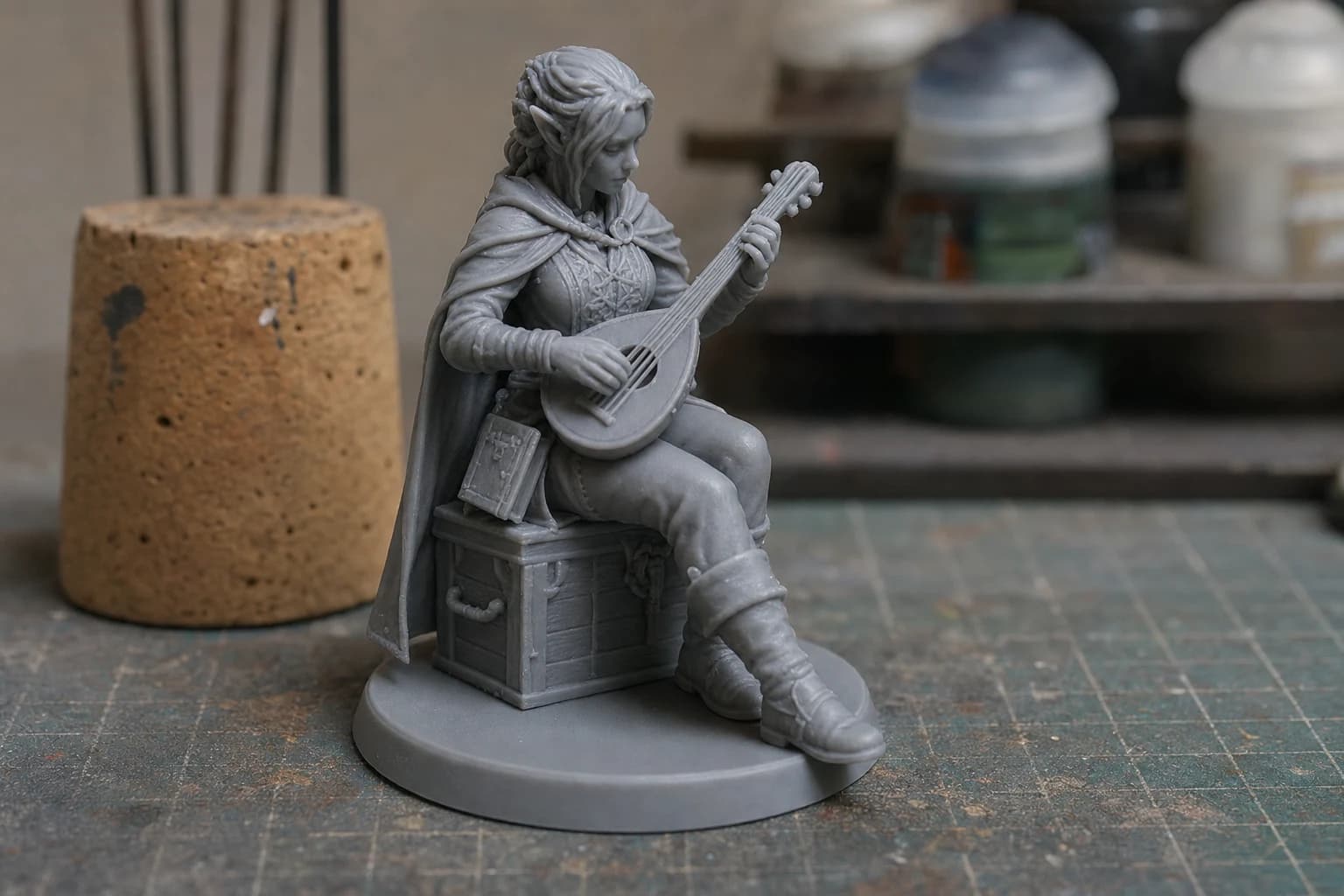 Figurine de barde demi-elfe assise jouant du luth