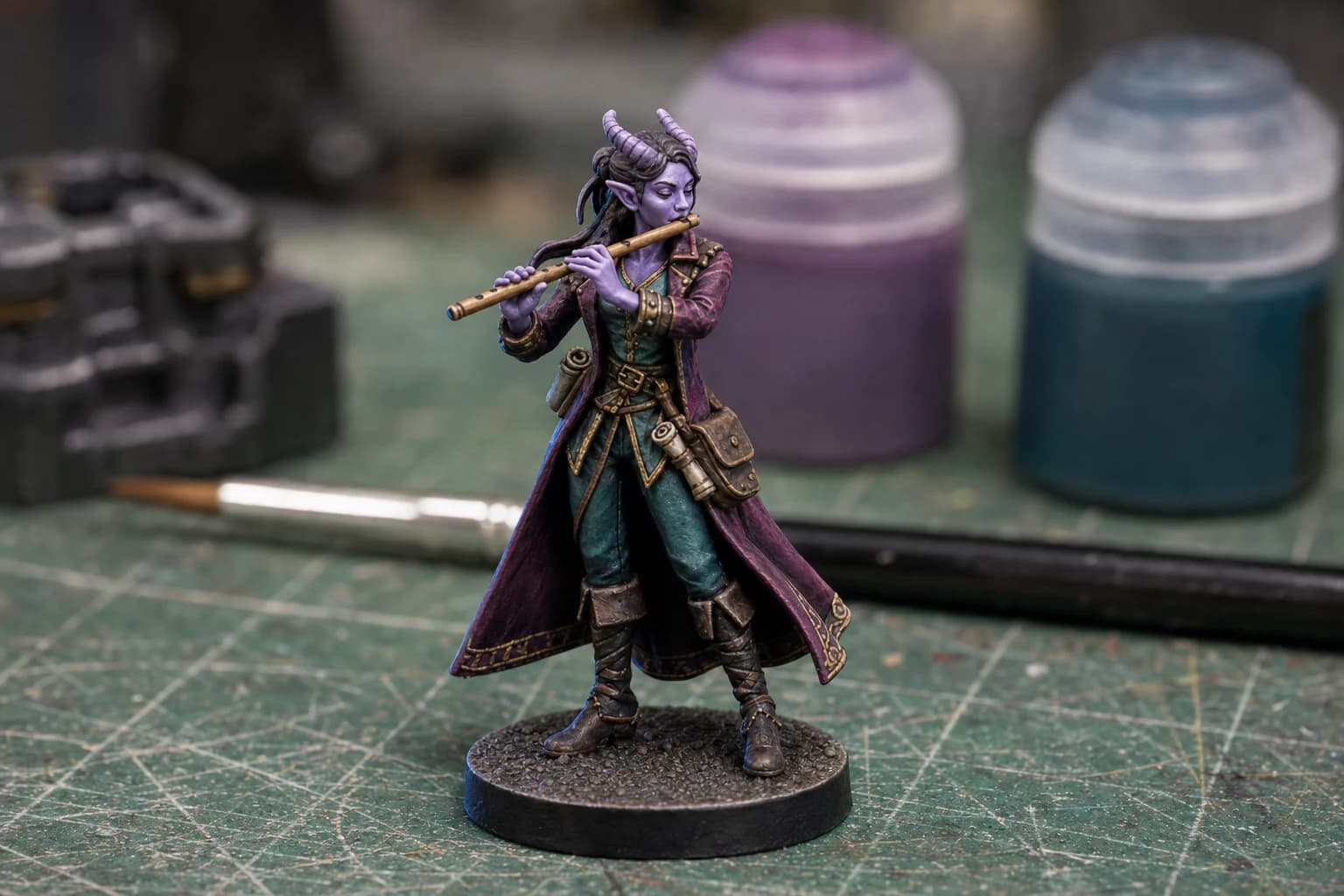 Figurine peinte de barde tieffeline jouant de la flûte