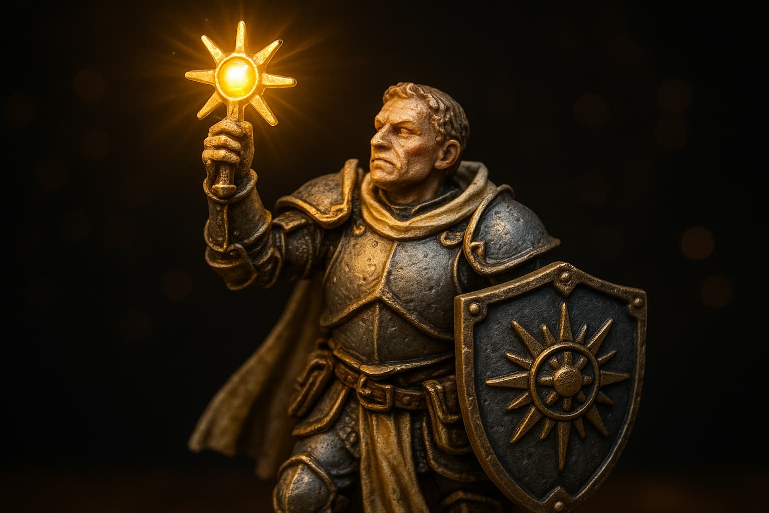 Figurine de clerc en armure ornée brandissant un symbole sacré lumineux