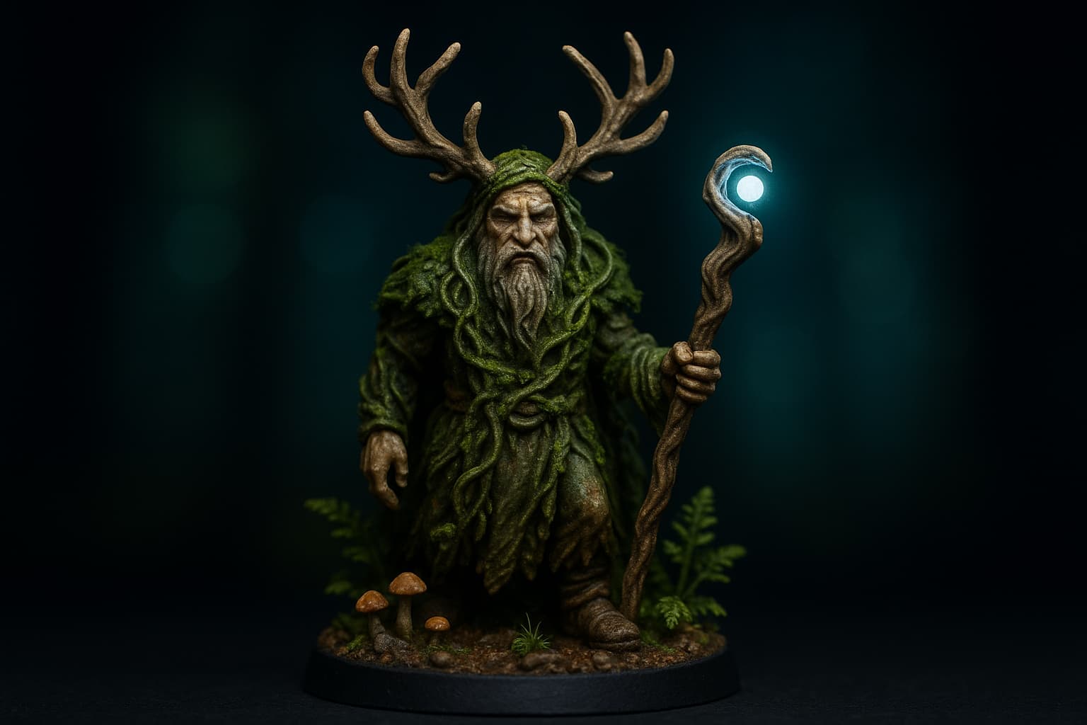 Figurine de druide couronné de bois de cerf entouré de végétation vivante