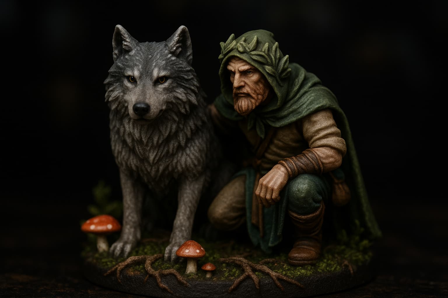 Figurine de druide avec un loup compagnon sur socle forestier
