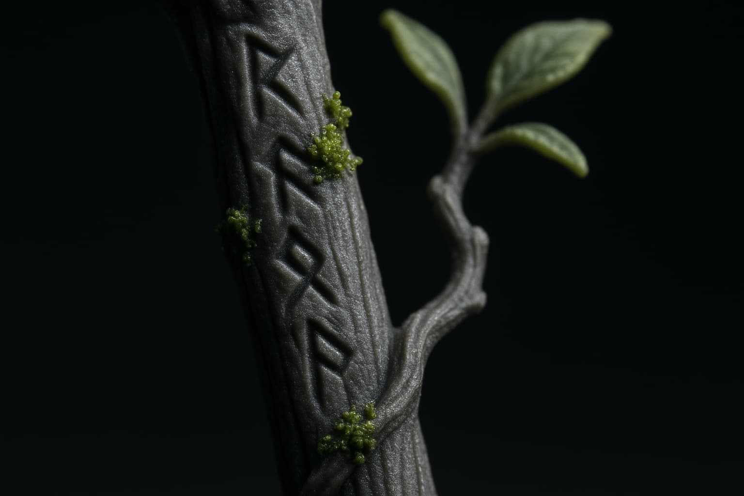 Détail macro d'un bâton de druide en résine avec runes et mousse