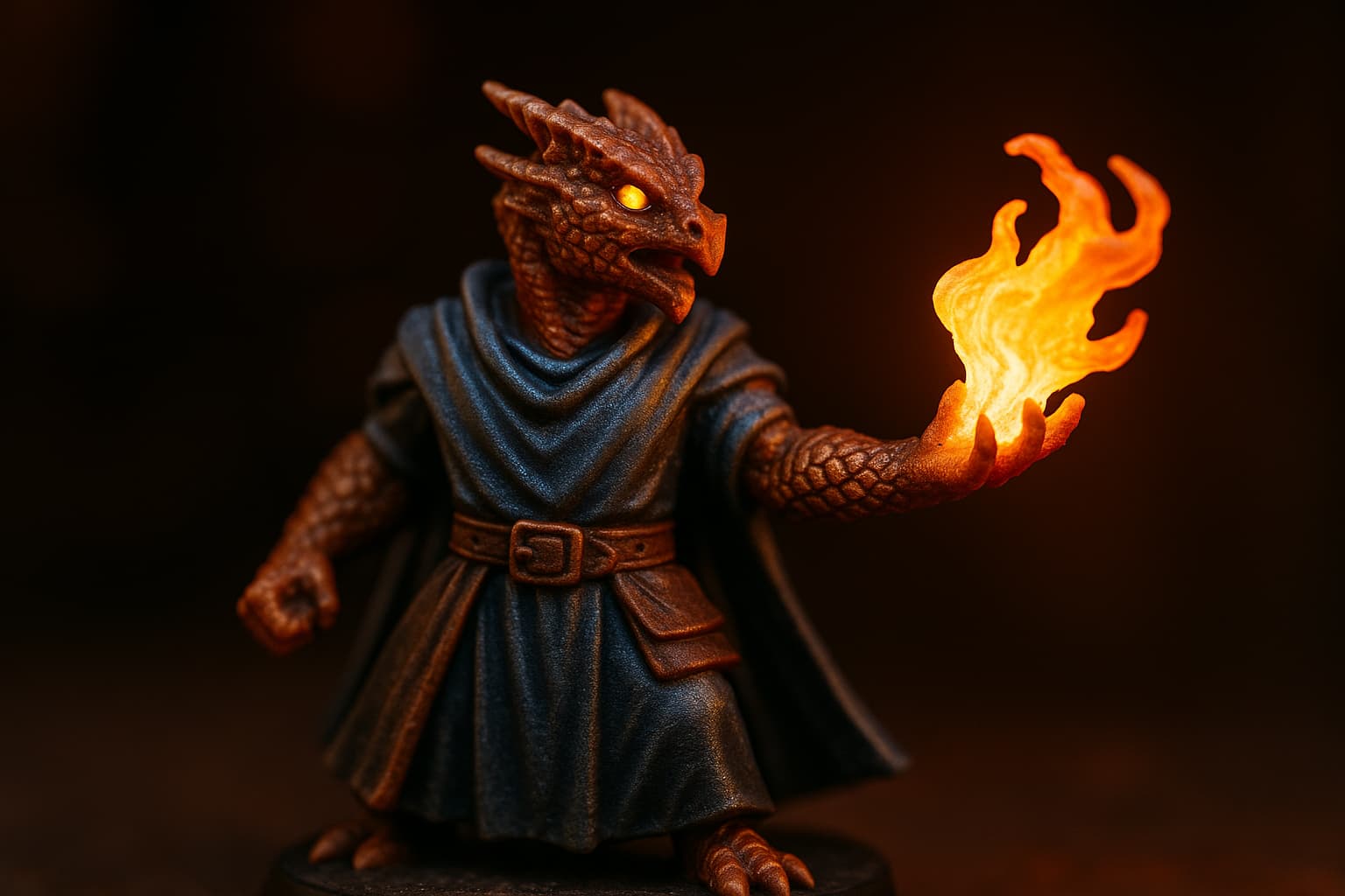 Figurine ensorceleur draconique avec écailles et souffle de feu