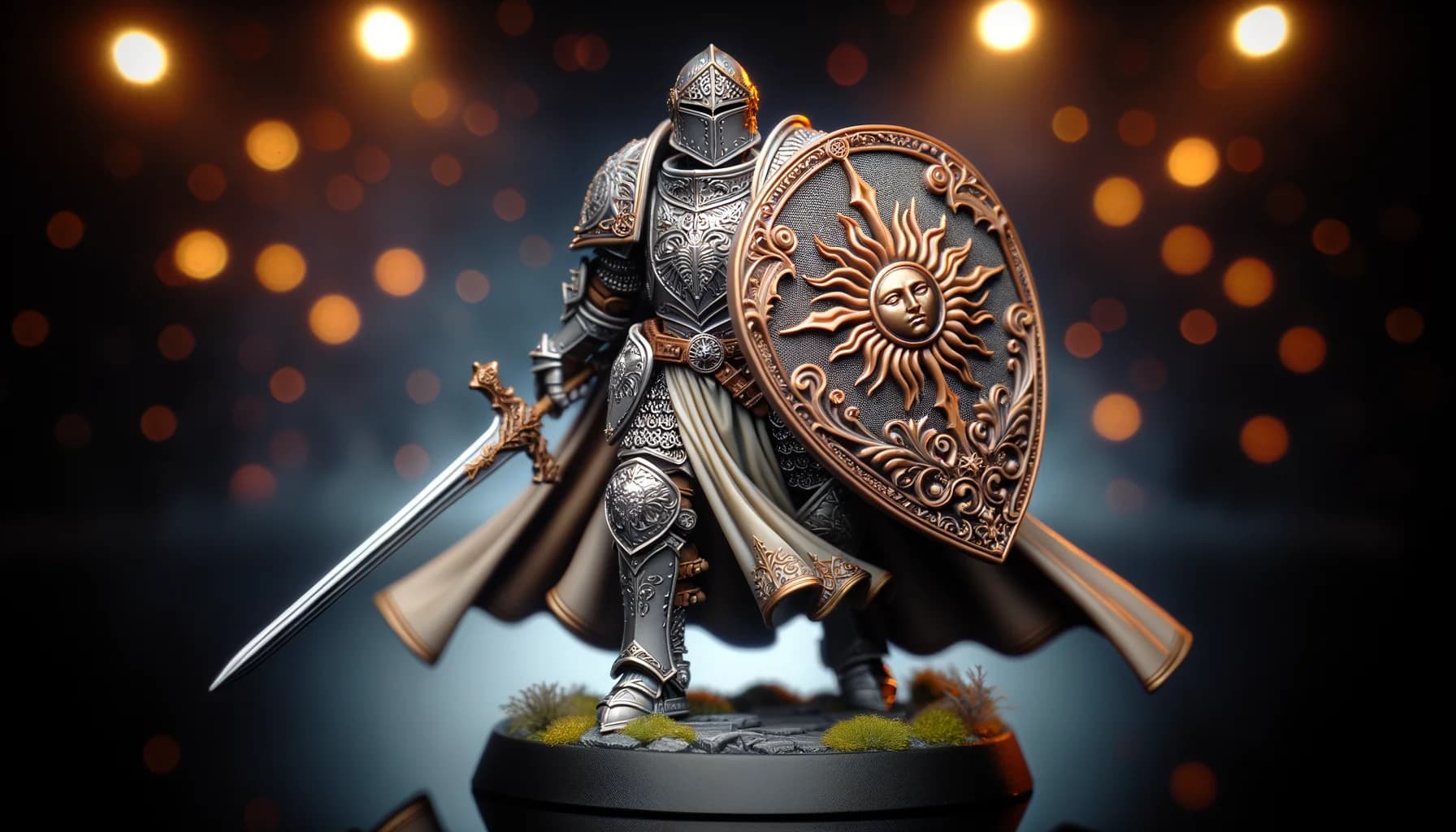 Figurine de paladin avec blason sur le bouclier