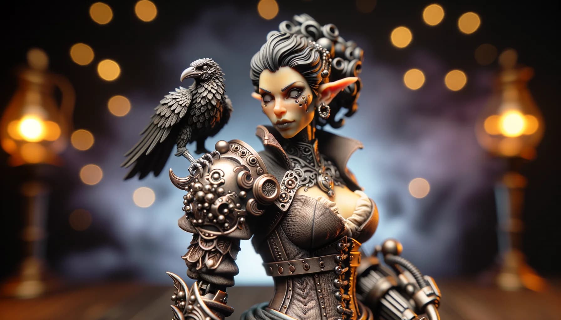 Figurine de tieffeline artificière avec bras mécanique