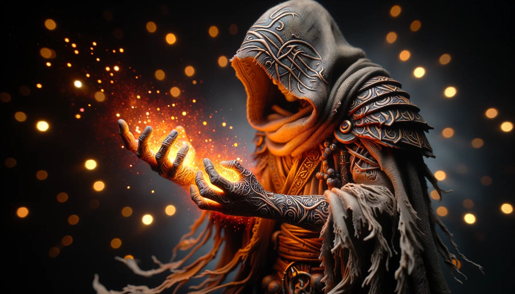 Figurine d'ensorceleur tieffelin entouré de flammes