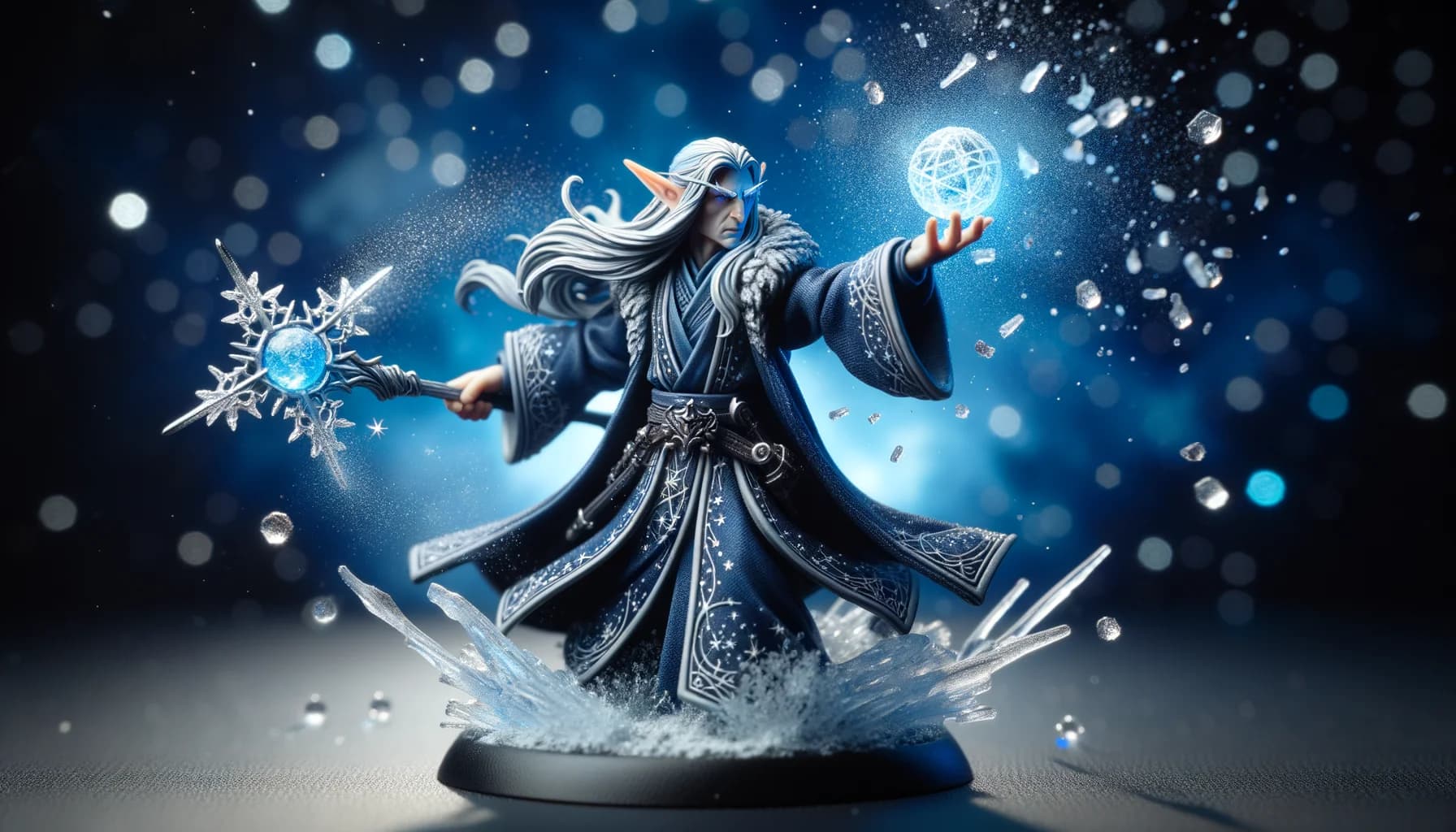 Figurine de magicien haut-elfe lançant un sort de givre