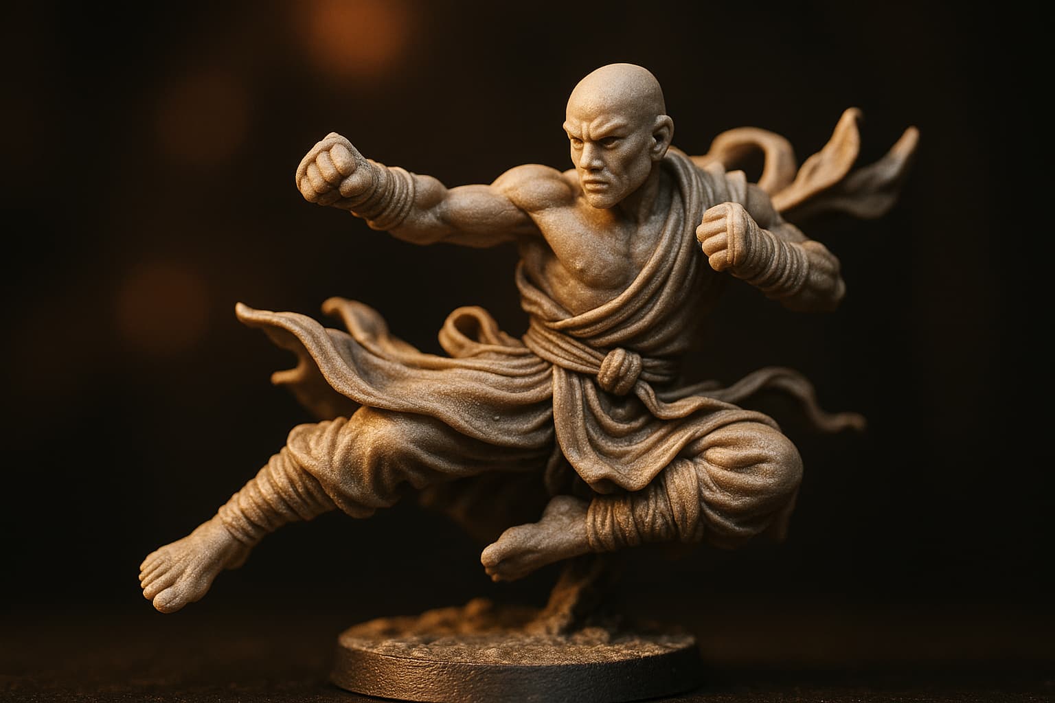 Figurine de moine en position de combat dynamique