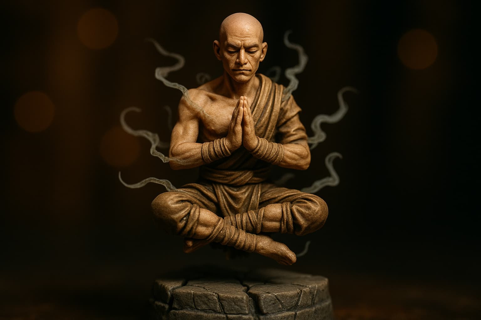 Figurine de moine en méditation lévitante