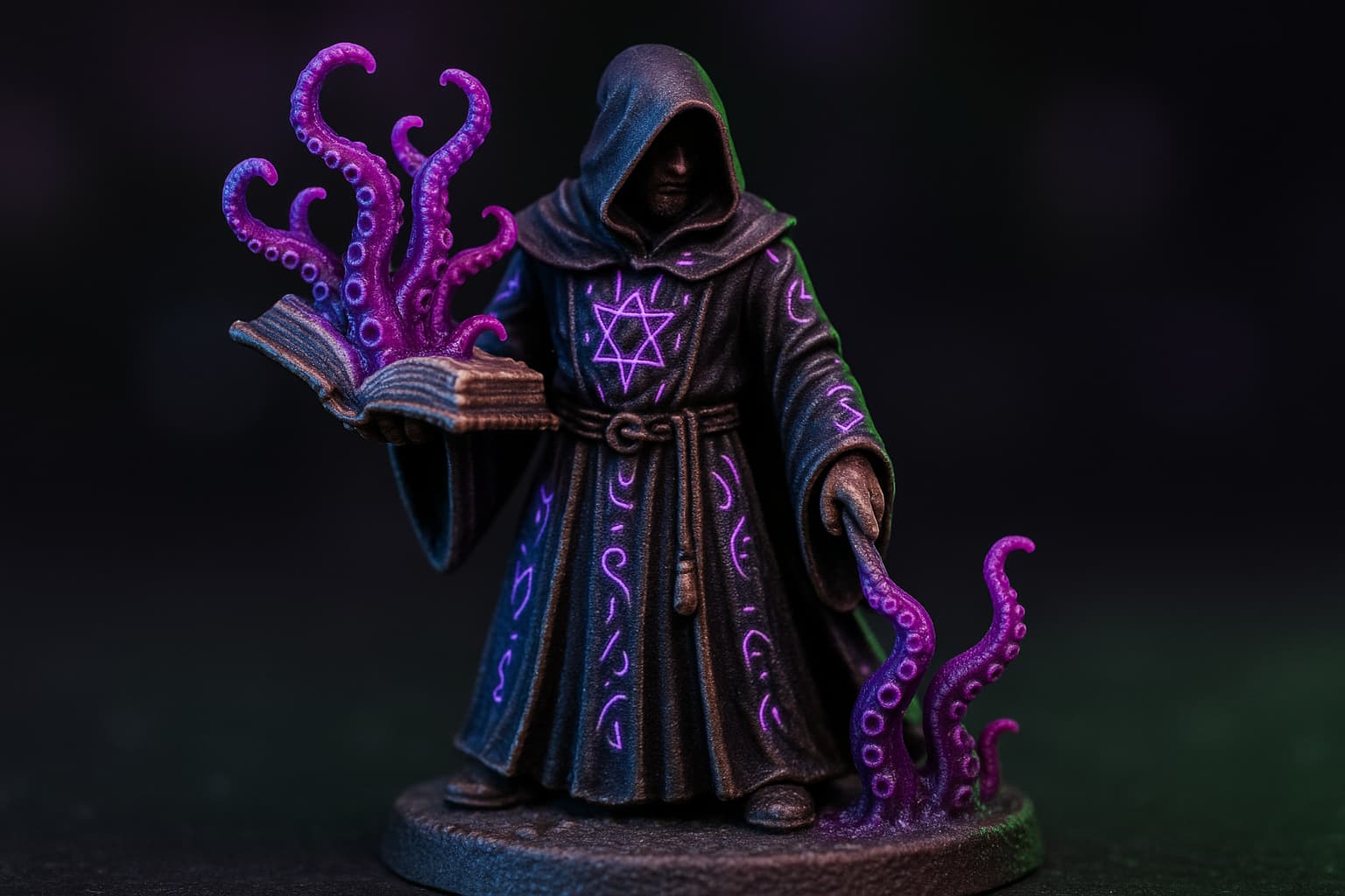 Figurine d'occultiste DnD avec grimoire ouvert et énergie eldritch