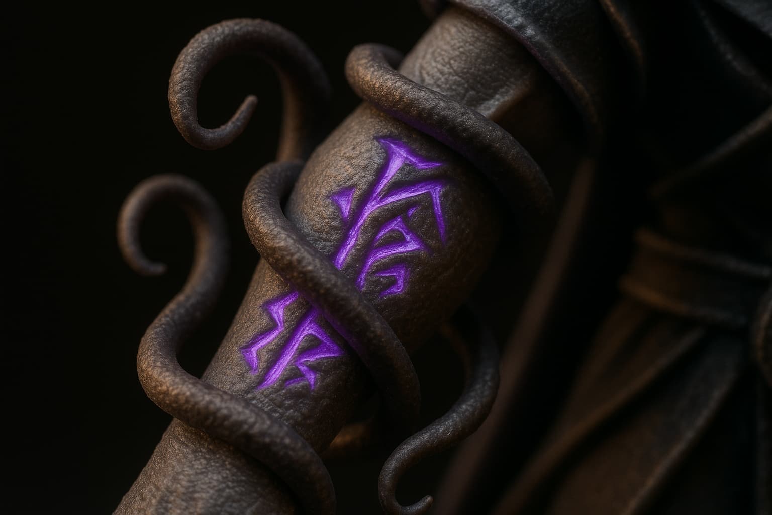 Détail macro de runes arcaniques et tentacules sur une figurine warlock en résine