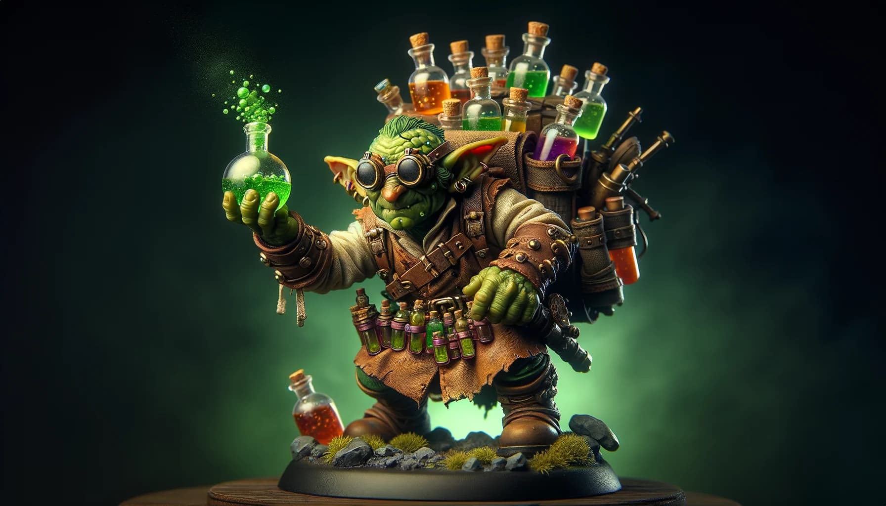 Figurine d'alchimiste gobelin avec fioles et sacoche