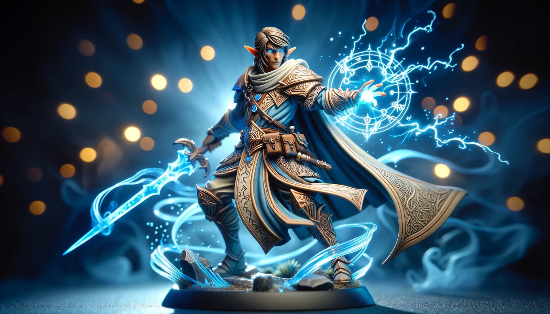 Figurine de magus elfe avec épée runique et énergie arcanique