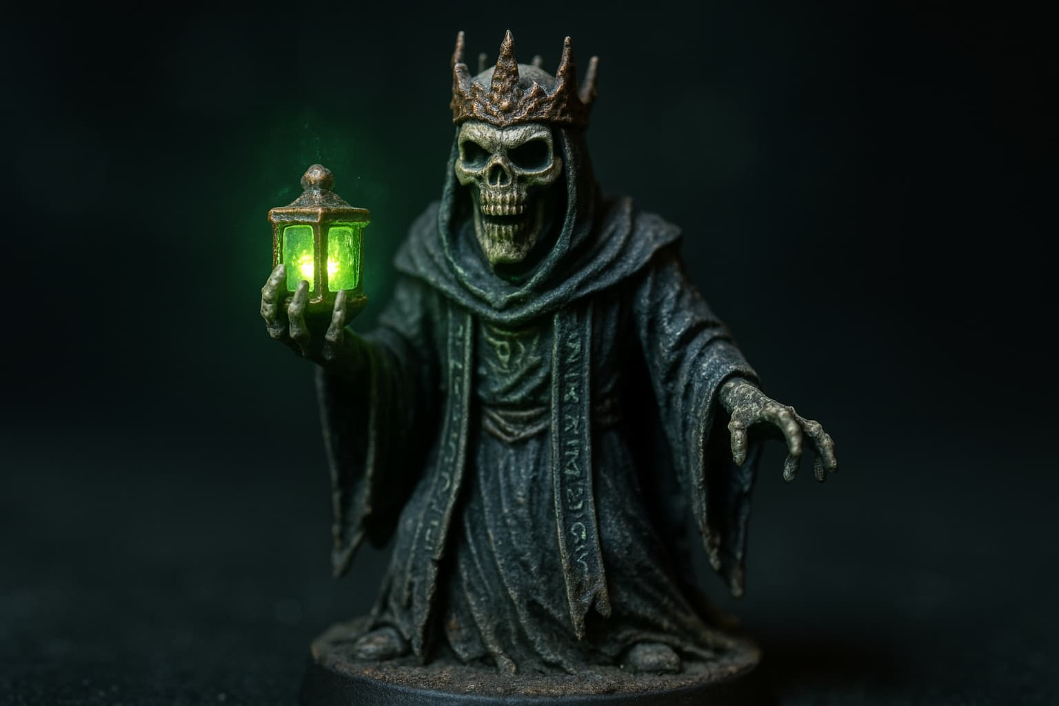 Figurine de liche en résine tenant un phylactère lumineux