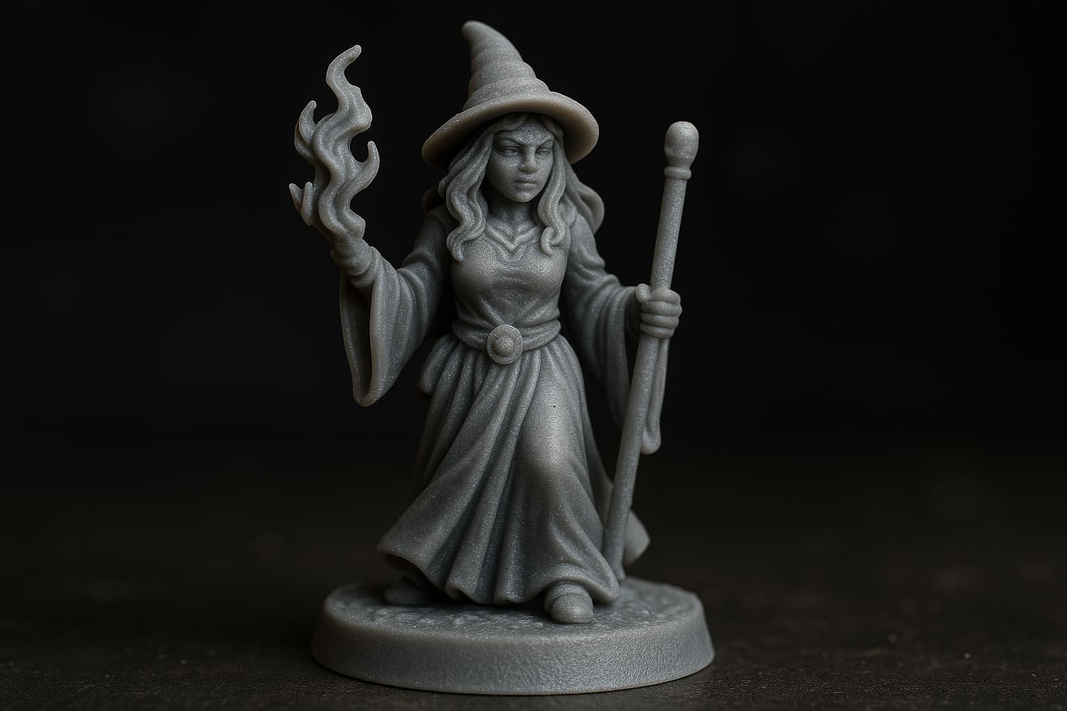 Figurine de sorcière en résine brute posée sur un socle rond