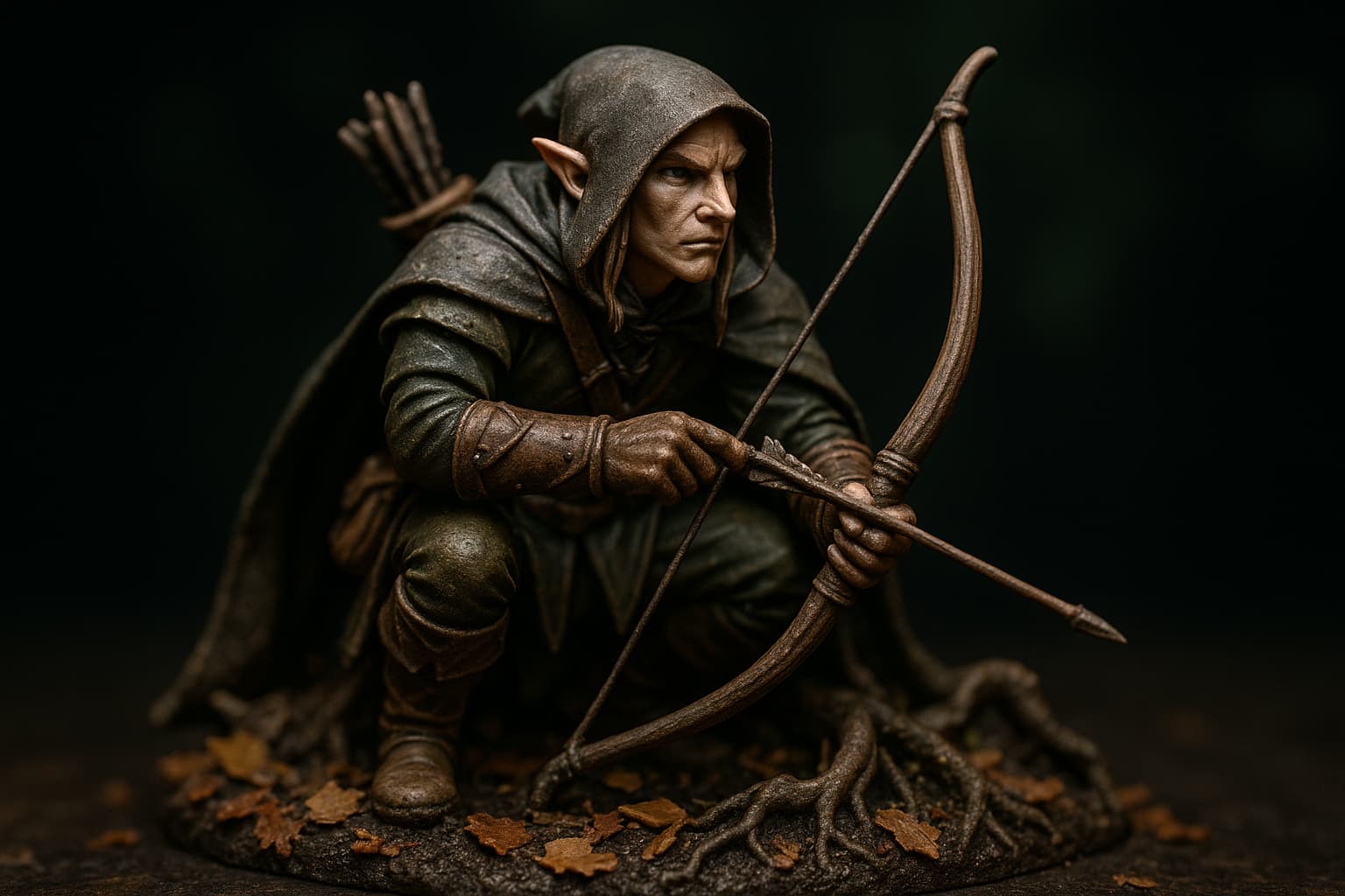 Figurine de rôdeur elfe accroupi avec arc et cape à capuche