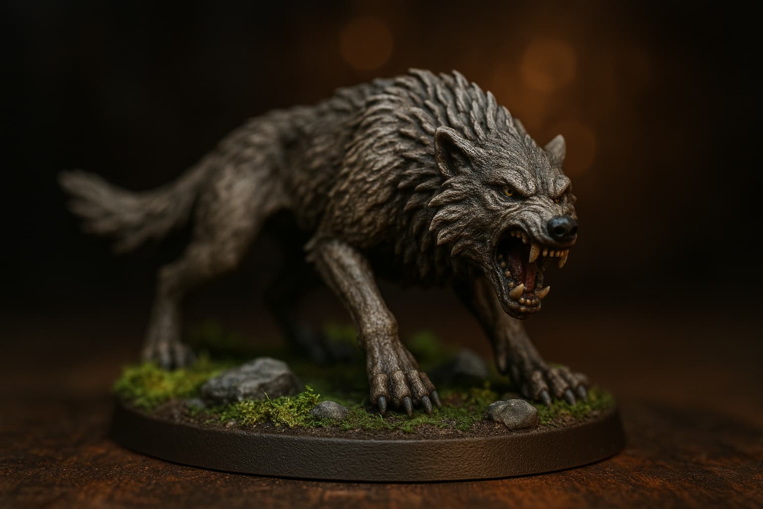 Loup compagnon de rôdeur sur socle forestier en résine
