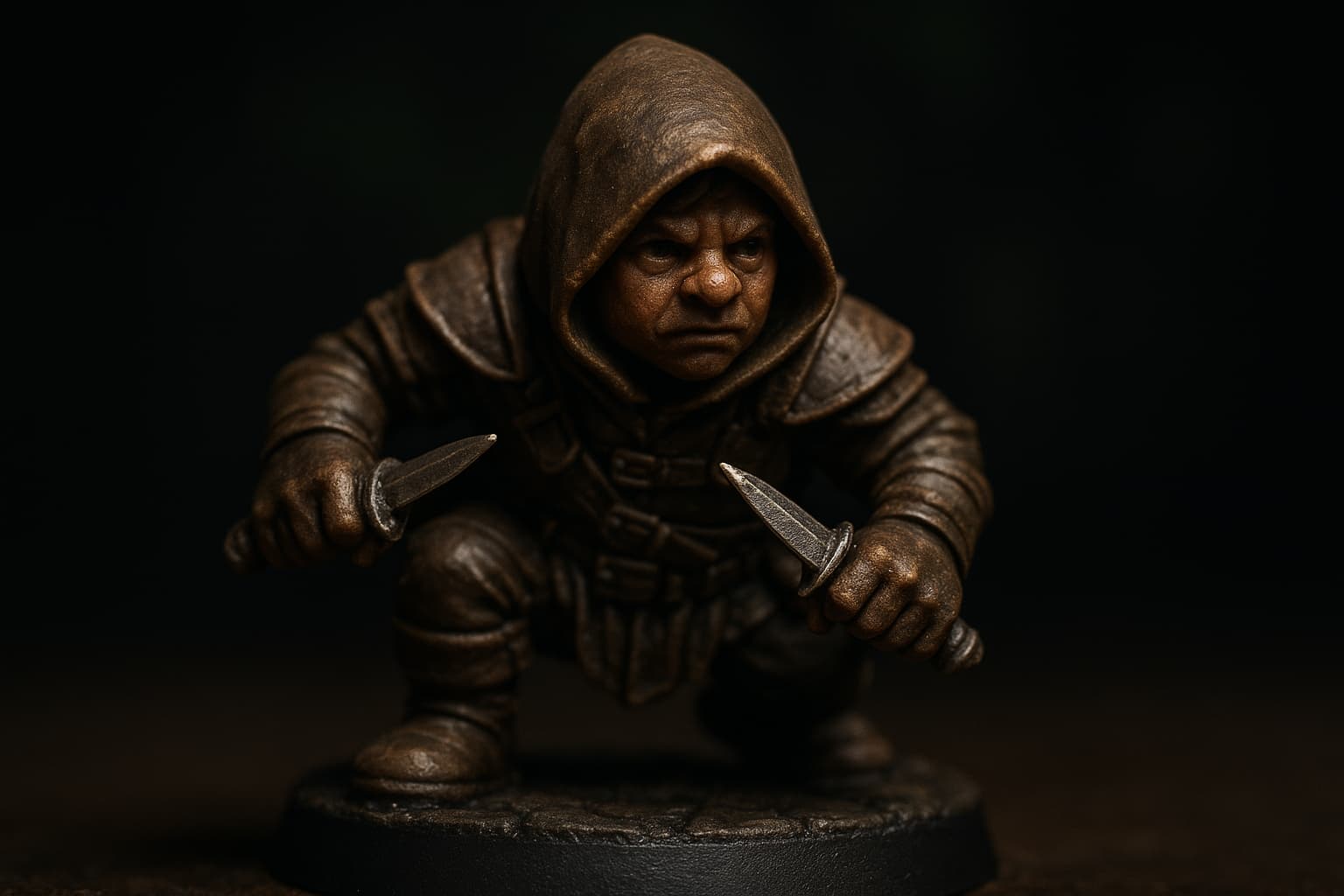 Figurine de roublard halfelin accroupi avec dagues