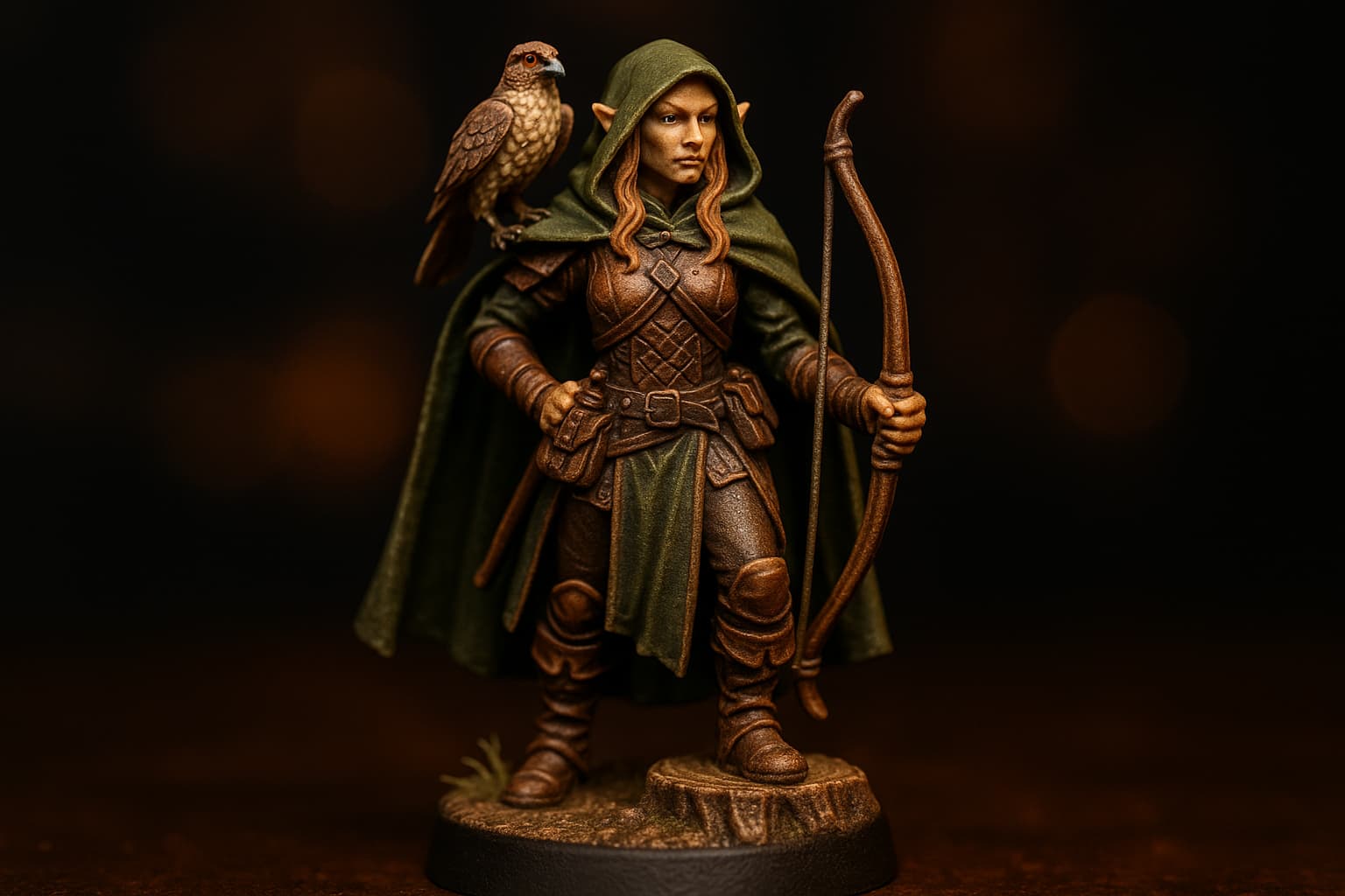 Figurine de rôdeuse elfe avec arc et faucon