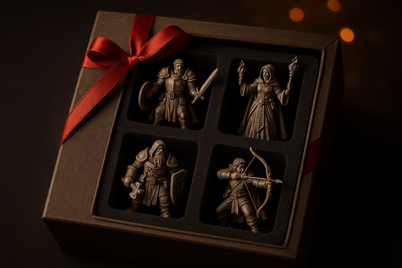 Coffret cadeau contenant des figurines de personnages JDR