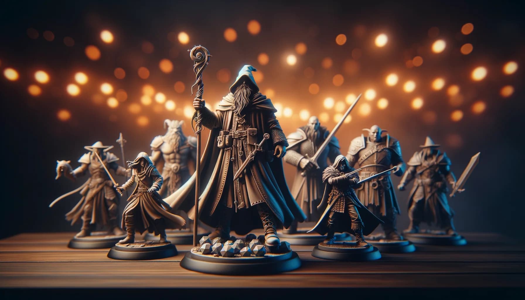 Figurines de personnages fantasy alignées sur un présentoir