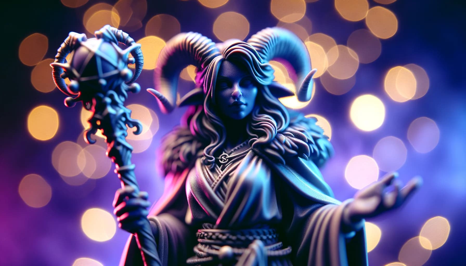 Gros plan sur une figurine de sorcière tieffeline en résine