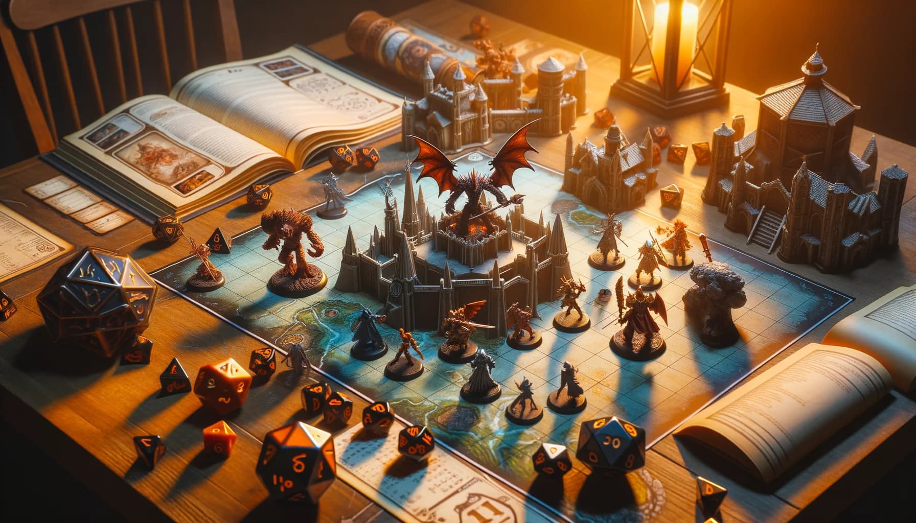 Scène de table de JDR avec figurines et dés