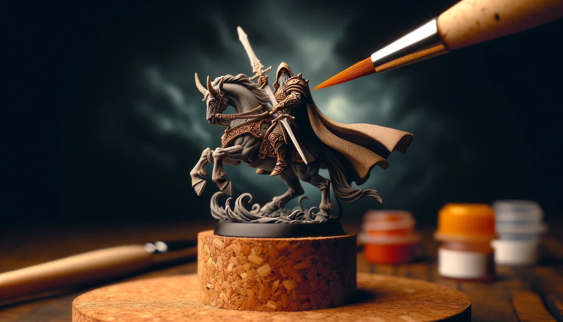 Figurine apprêtée en gris sur un support de peinture