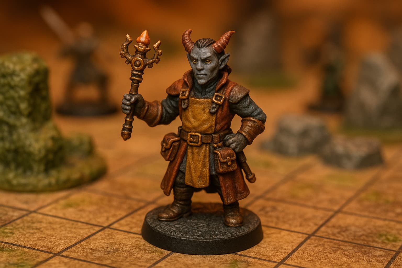 Figurine peinte de tieffeline sur une table de jeu avec décor