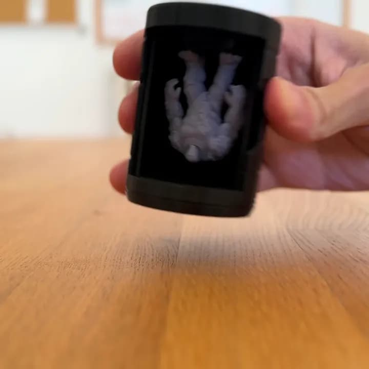 Boîte de transport retournée : la figurine reste fixée par l'aimant